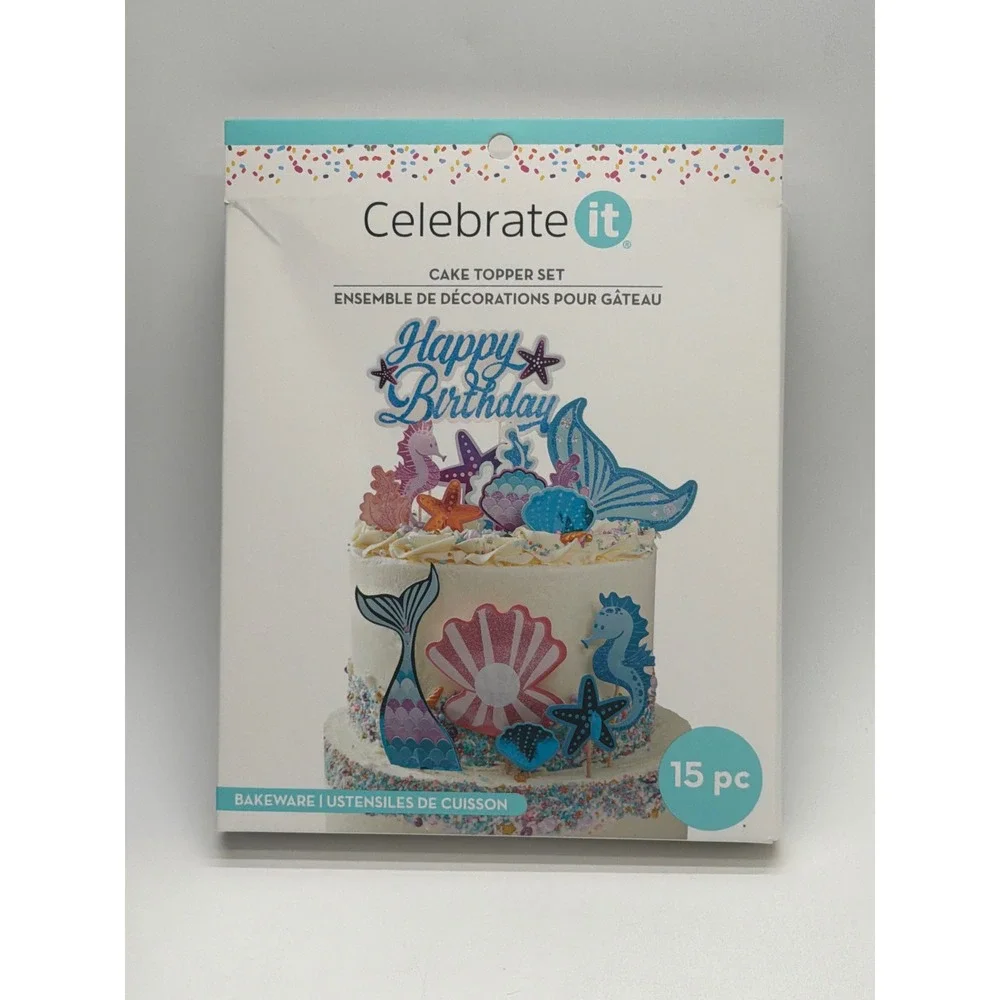 Celebrate It Mermaid Cake Topper Set 15 pc Happy Birthday Under the Sea Glitter